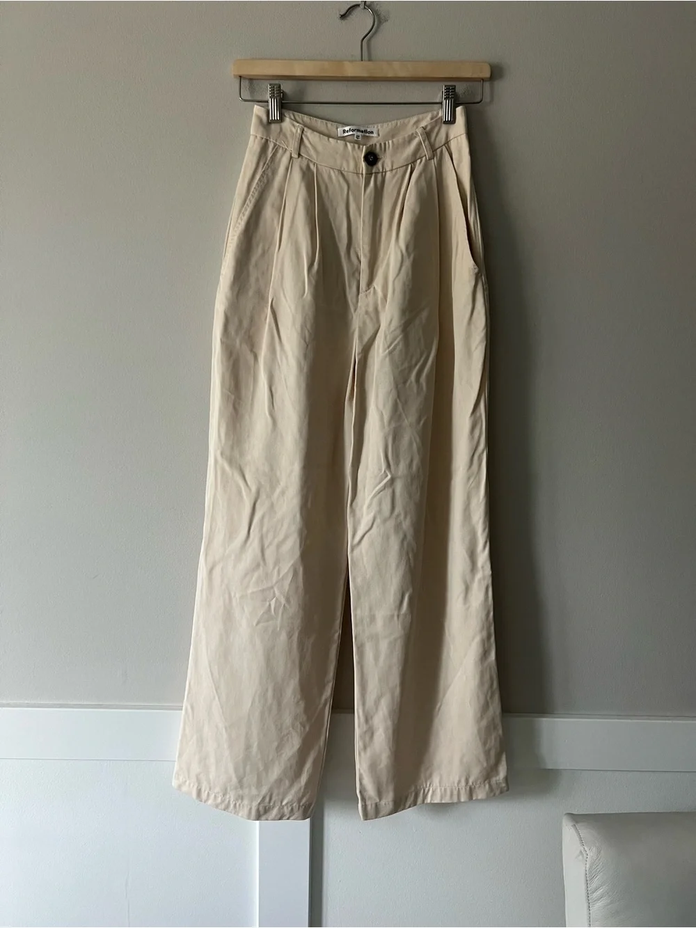 Reformation Mason Pant Oyster 0P Petite Tencel Wide Leg Pleated Trousers